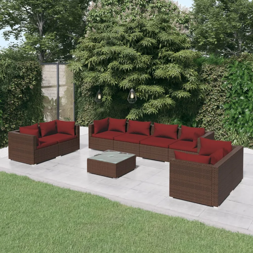 vidaXL Set Divani da Giardino 9 pz con Cuscini in Polyrattan Marrone