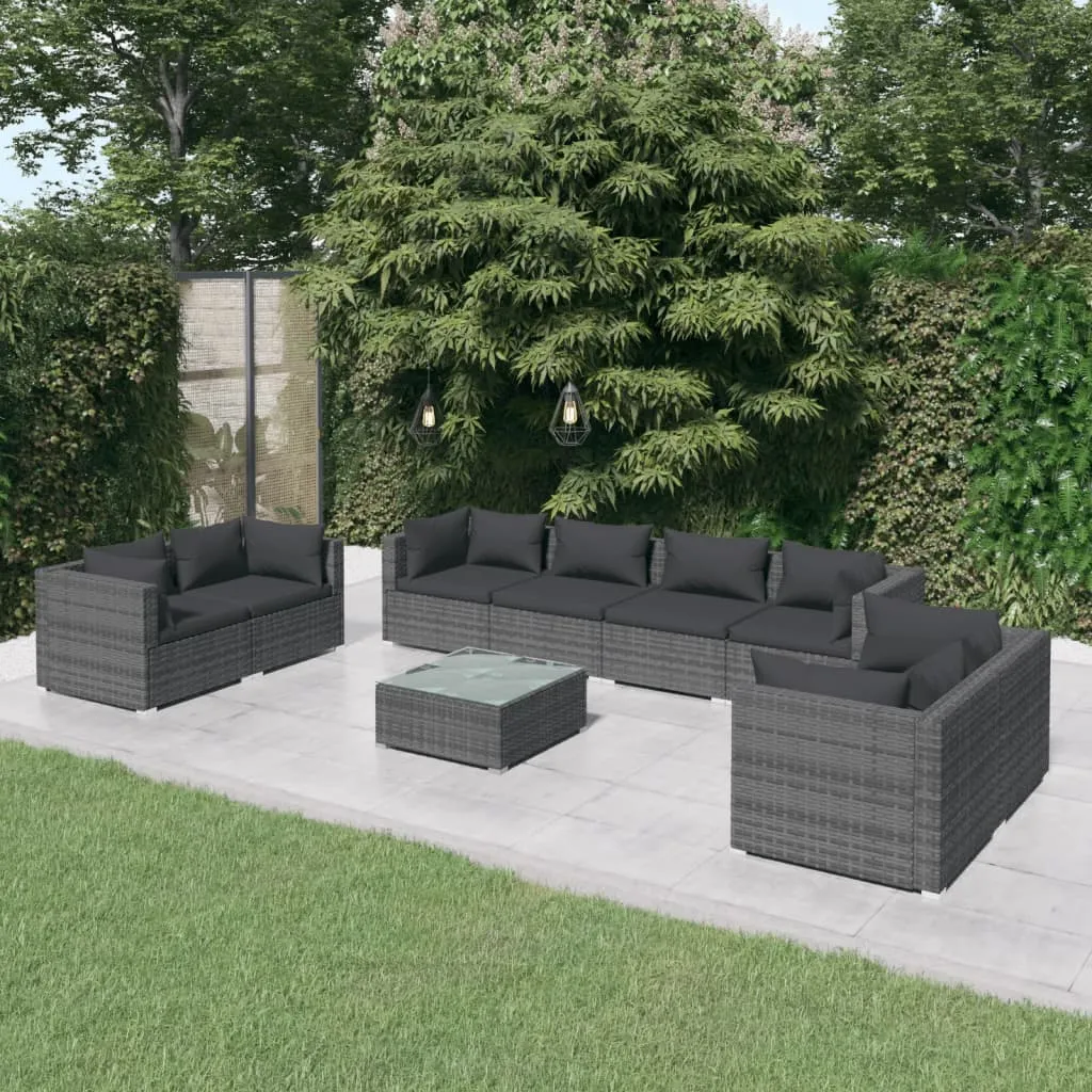 vidaXL Set Divani da Giardino 9 pz con Cuscini in Polyrattan Grigio