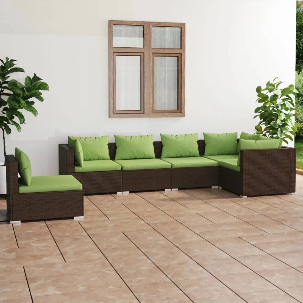 vidaXL Set Divani da Giardino 6 pz con Cuscini in Polyrattan Marrone