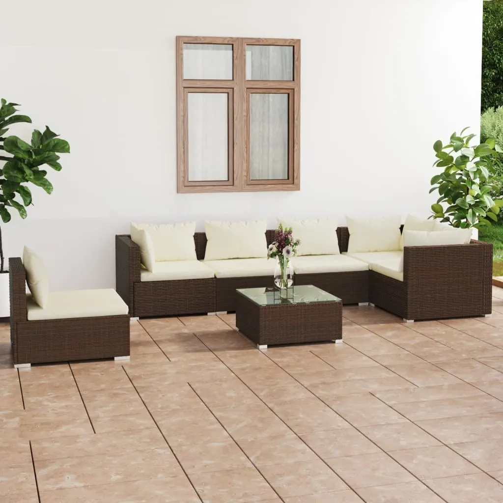 vidaXL Set Divani da Giardino 7 pz con Cuscini in Polyrattan Marrone