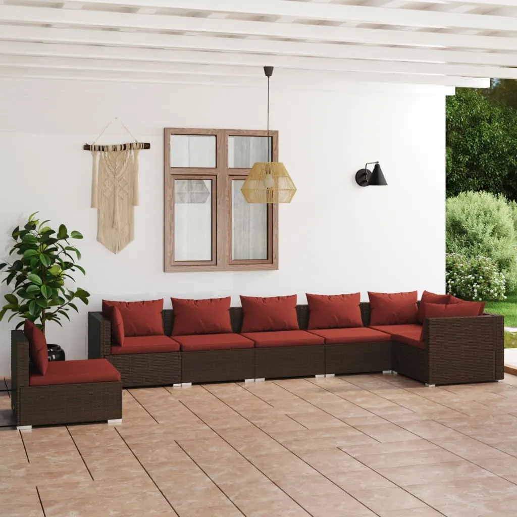 vidaXL Set Divani da Giardino 7 pz con Cuscini in Polyrattan Marrone