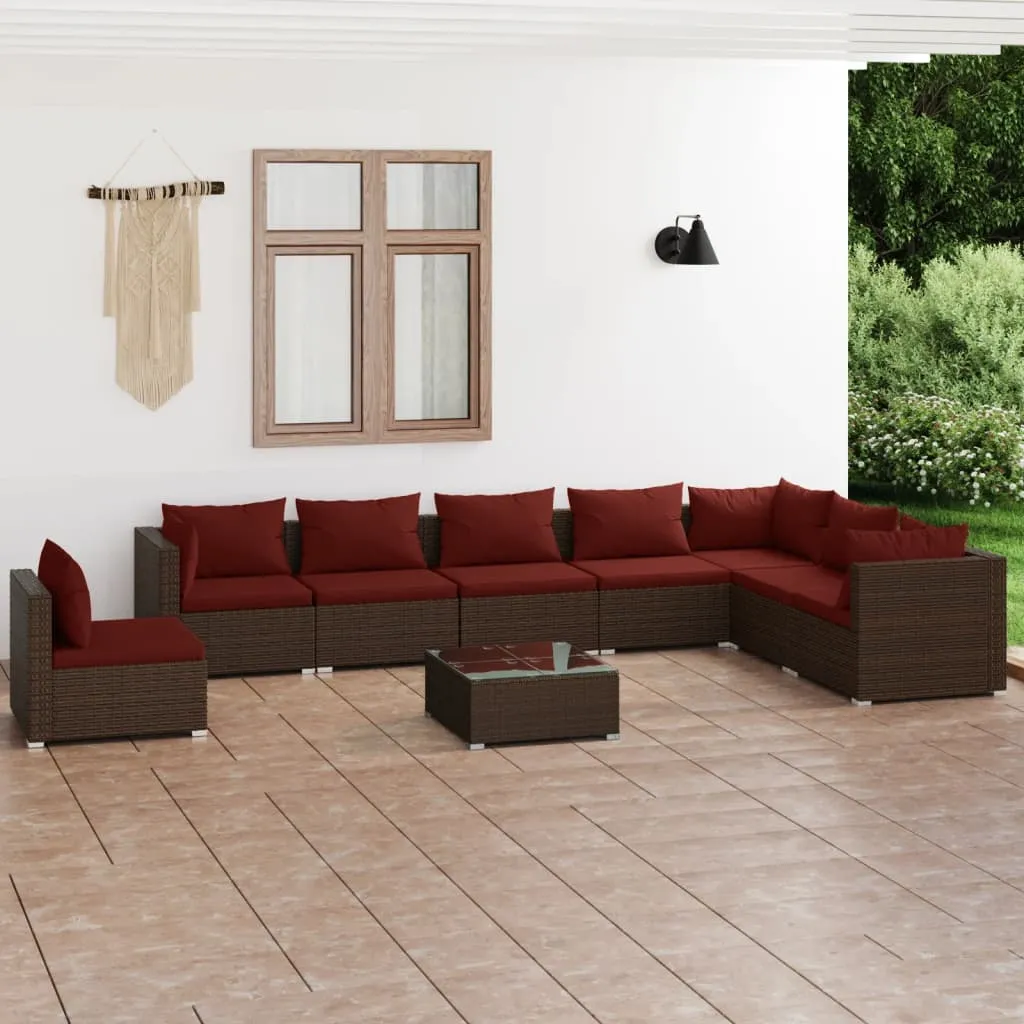 vidaXL Set Divani da Giardino 9 pz con Cuscini in Polyrattan Marrone