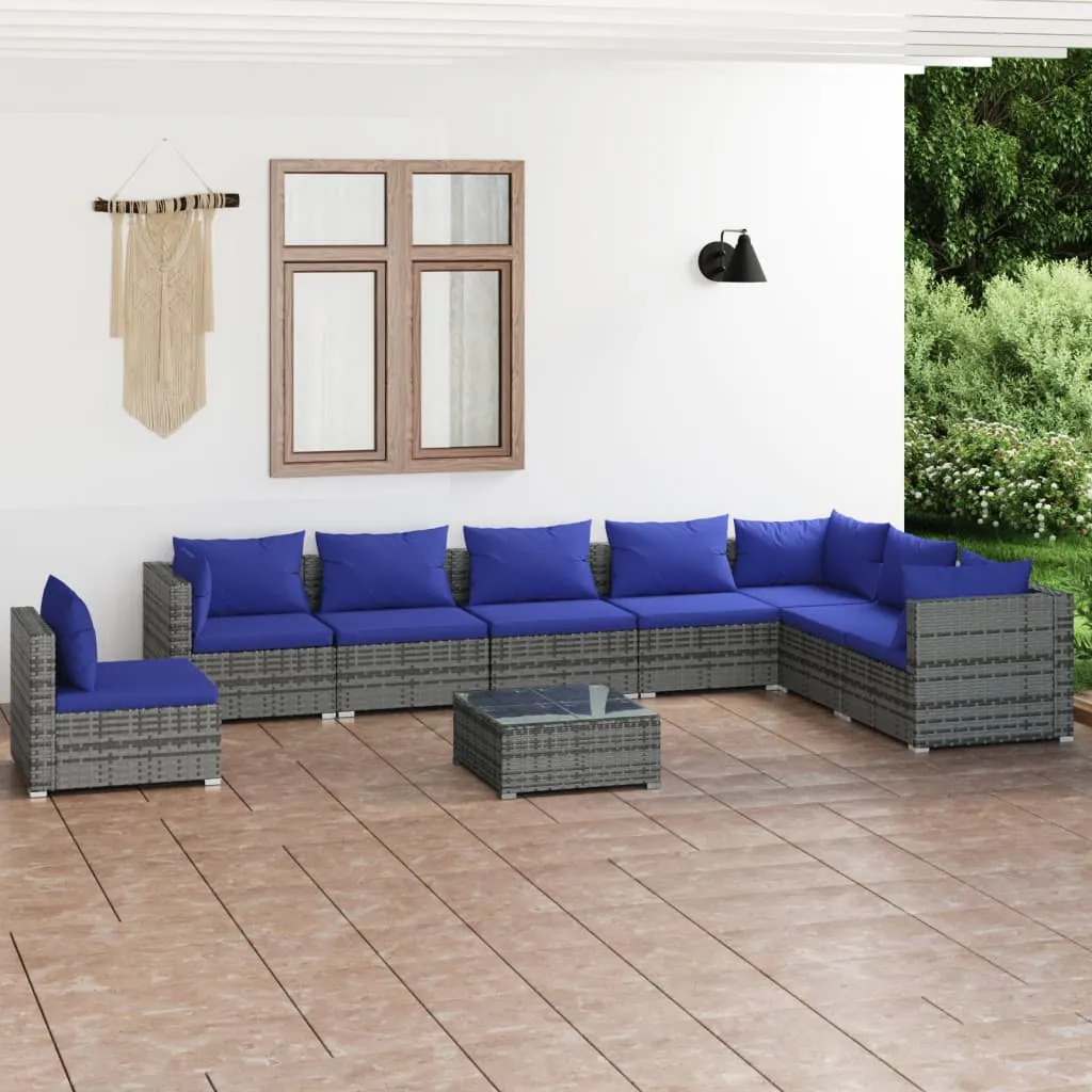 vidaXL Set Divani da Giardino 9 pz con Cuscini in Polyrattan Grigio