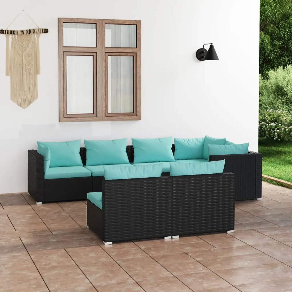 vidaXL Set Divani da Giardino 7 pz con Cuscini in Polyrattan Nero