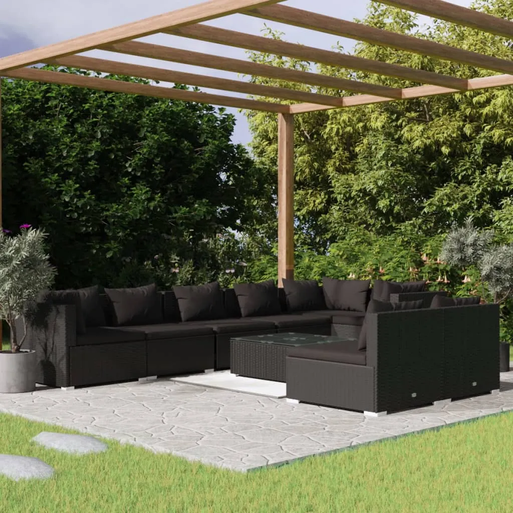 vidaXL Set Salotto da Giardino 9 pz con Cuscini in Polyrattan Nero