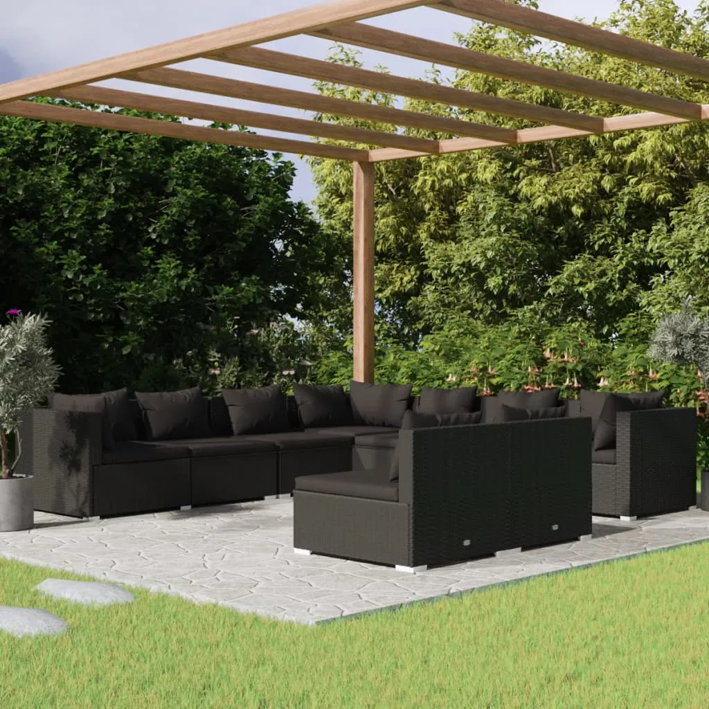 vidaXL Set Salotto da Giardino con Cuscini 9pz Nero in Polyrattan