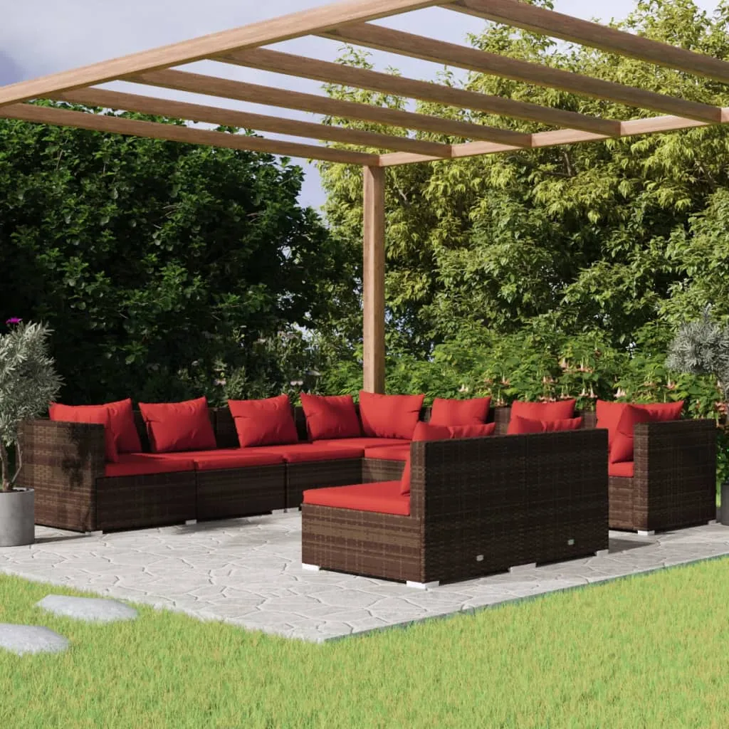 vidaXL Set Divani da Giardino 9 pz con Cuscini in Polyrattan Marrone