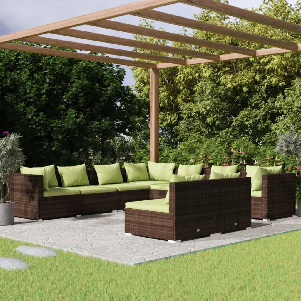 vidaXL Set Divani da Giardino 9 pz con Cuscini in Polyrattan Marrone