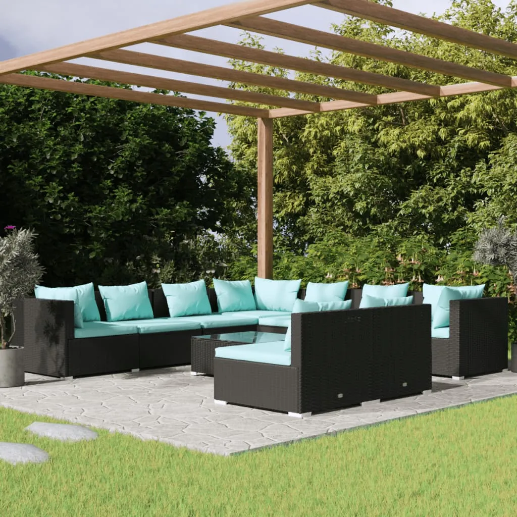 vidaXL Set Salotto da Giardino 10pz con Cuscini in Polyrattan Nero