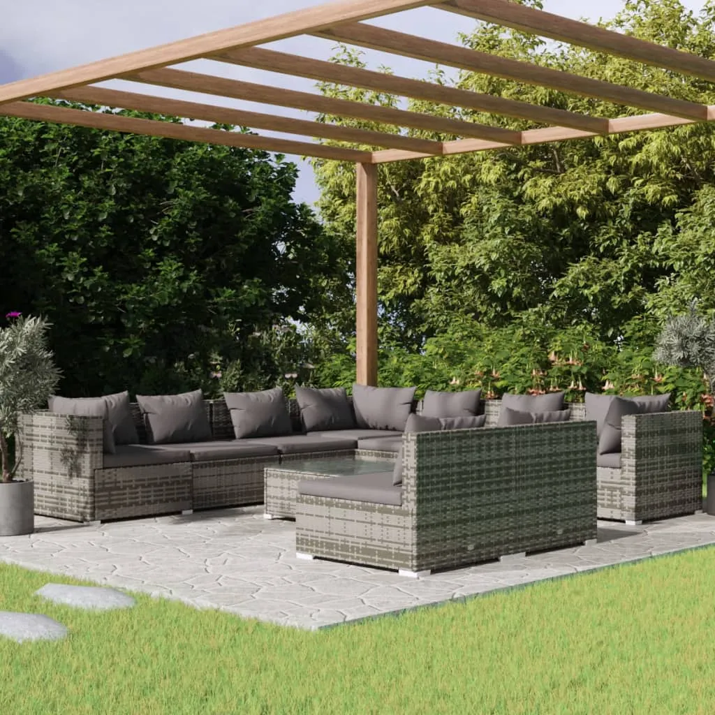 vidaXL Set Divani da Giardino 10 pz con Cuscini in Polyrattan Grigio