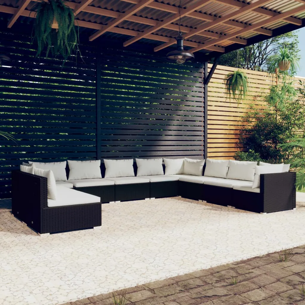 vidaXL Set Salotto da Giardino 10pz con Cuscini in Polyrattan Nero