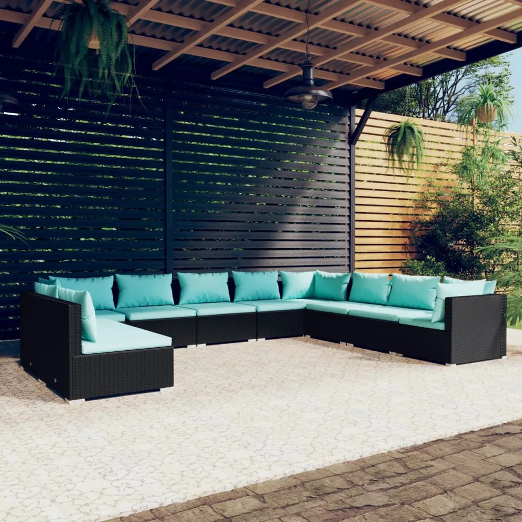 vidaXL Set Salotto da Giardino 10pz con Cuscini in Polyrattan Nero