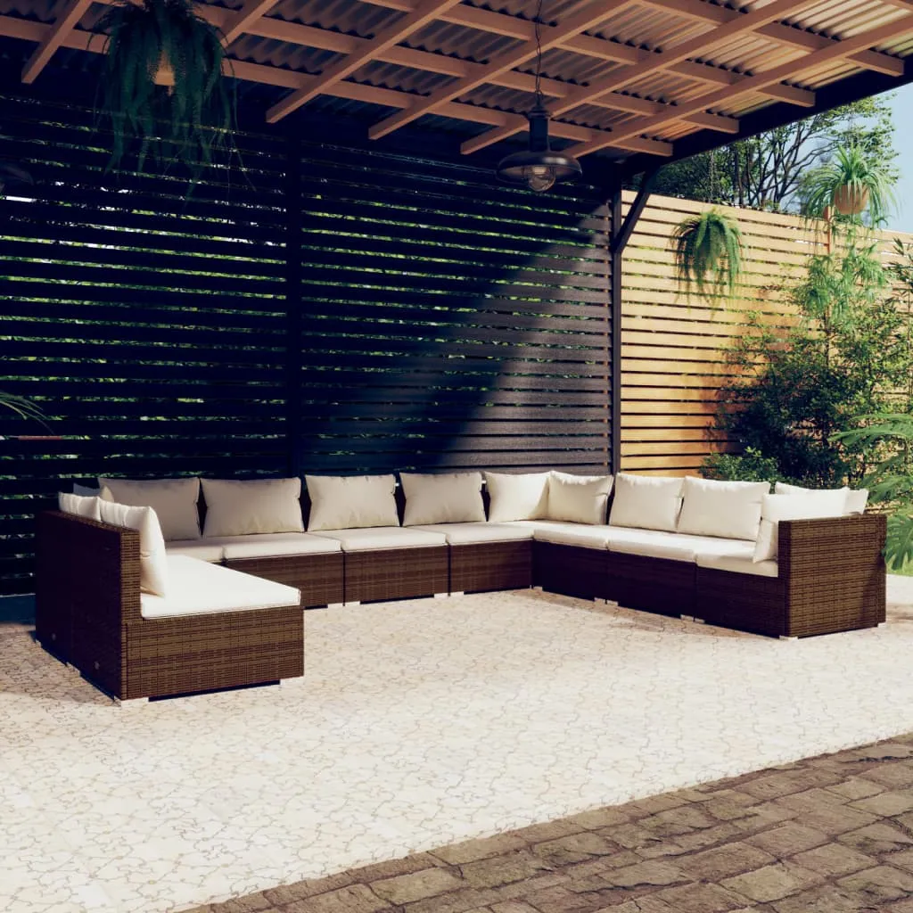 vidaXL Set Divani da Giardino 10 pz con Cuscini in Polyrattan Marrone