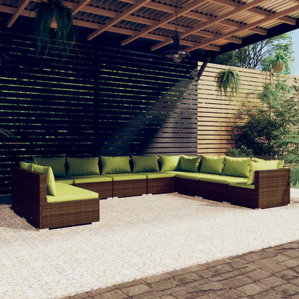 vidaXL Set Divani da Giardino 10 pz con Cuscini in Polyrattan Marrone