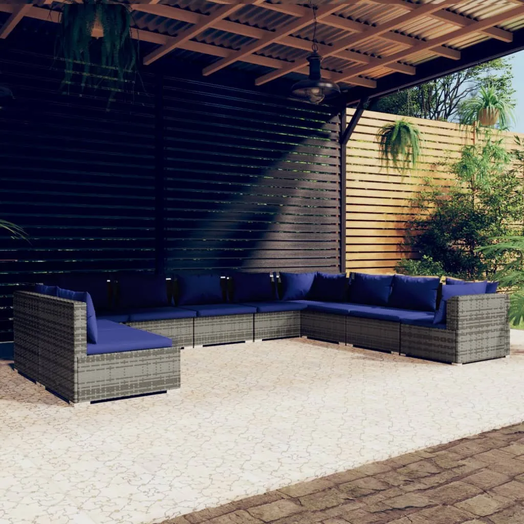 vidaXL Set Divani da Giardino 10 pz con Cuscini in Polyrattan Grigio