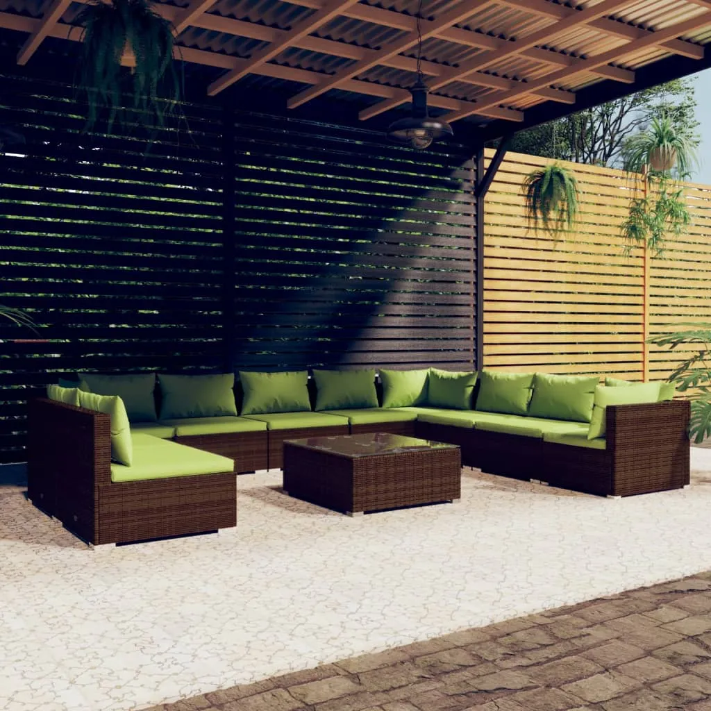 vidaXL Set Divani da Giardino 11 pz con Cuscini in Polyrattan Marrone