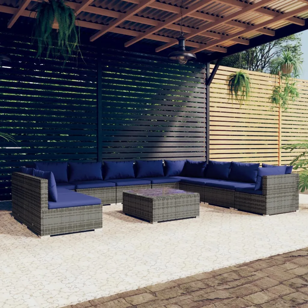 vidaXL Set Divani da Giardino 11 pz con Cuscini in Polyrattan Grigio