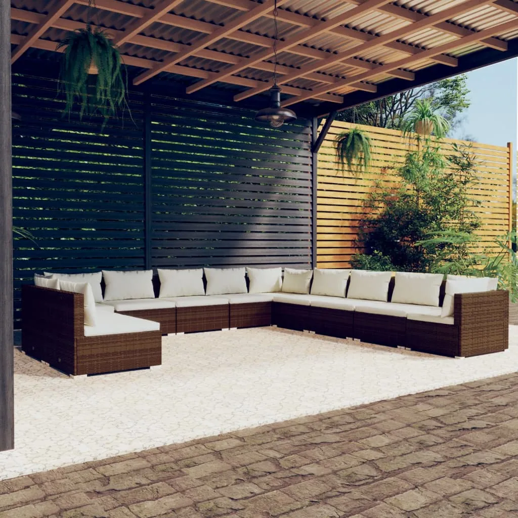 vidaXL Set Divani da Giardino 11 pz con Cuscini in Polyrattan Marrone