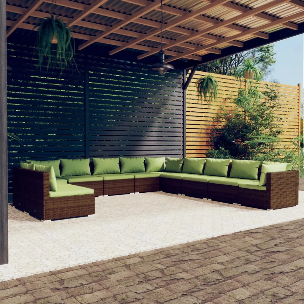 vidaXL Set Divani da Giardino 11 pz con Cuscini in Polyrattan Marrone