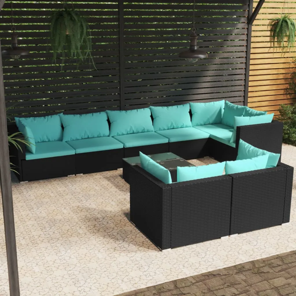 vidaXL Set Salotto da Giardino con Cuscini 9pz Nero in Polyrattan