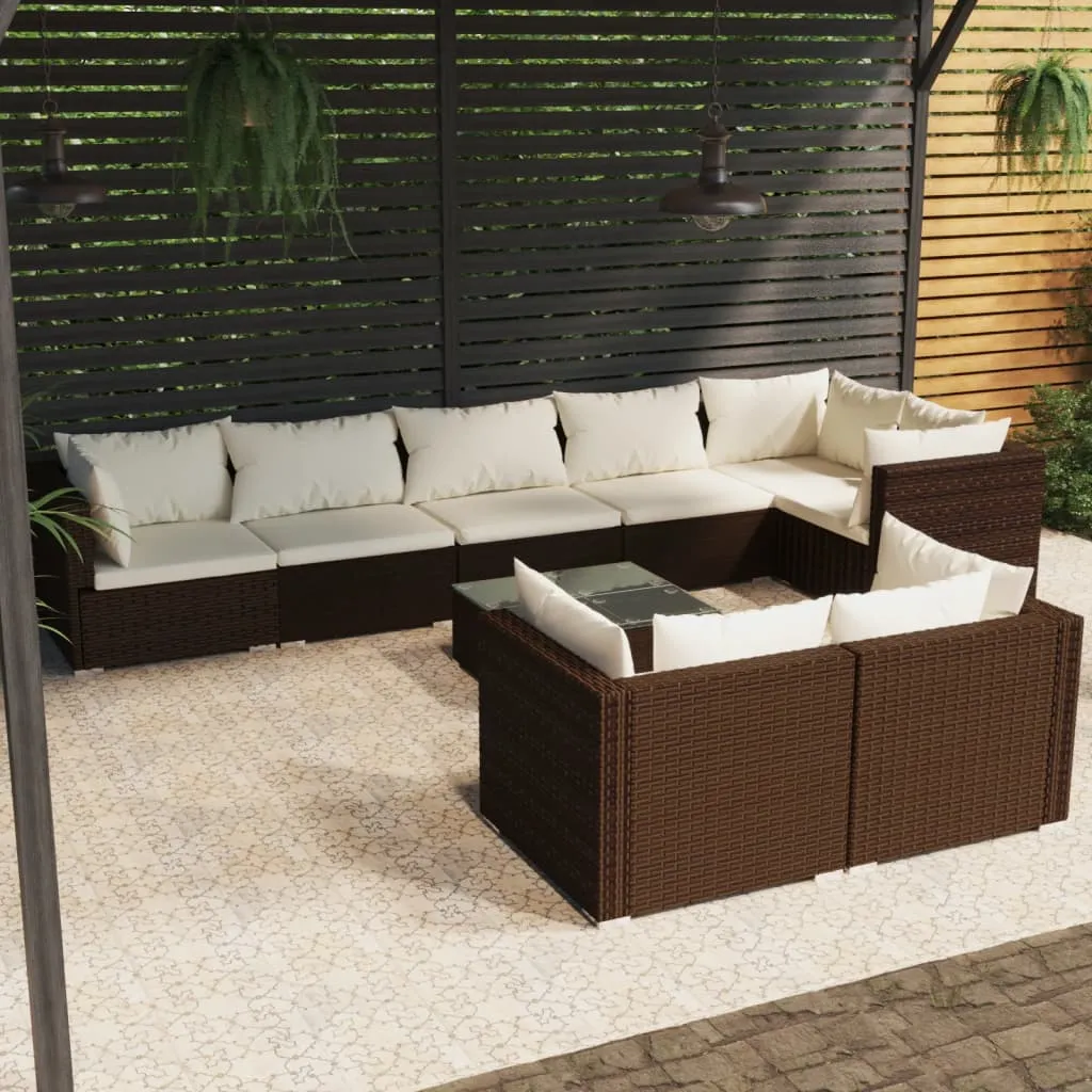 vidaXL Set Divani da Giardino 9 pz con Cuscini in Polyrattan Marrone