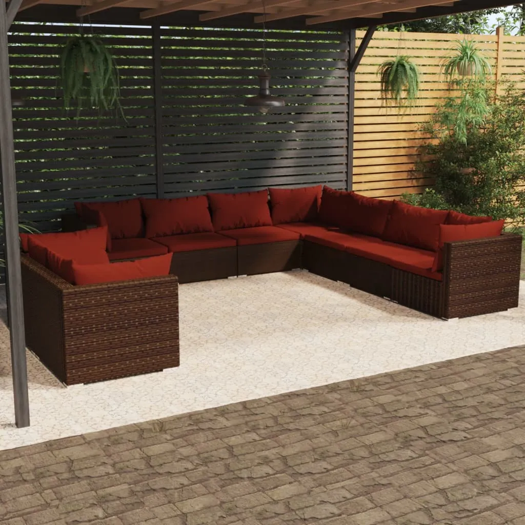 vidaXL Set Divani da Giardino 9 pz con Cuscini in Polyrattan Marrone