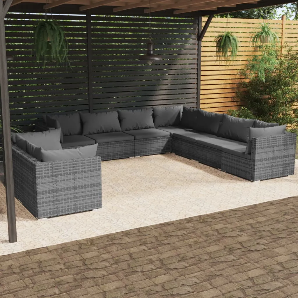 vidaXL Set Divani da Giardino 9 pz con Cuscini in Polyrattan Grigio