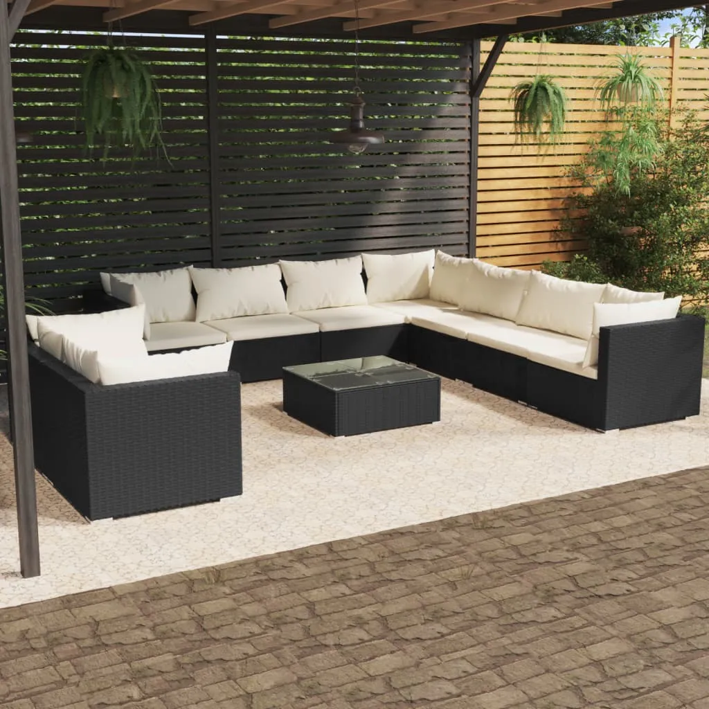 vidaXL Set Salotto da Giardino 10pz con Cuscini in Polyrattan Nero