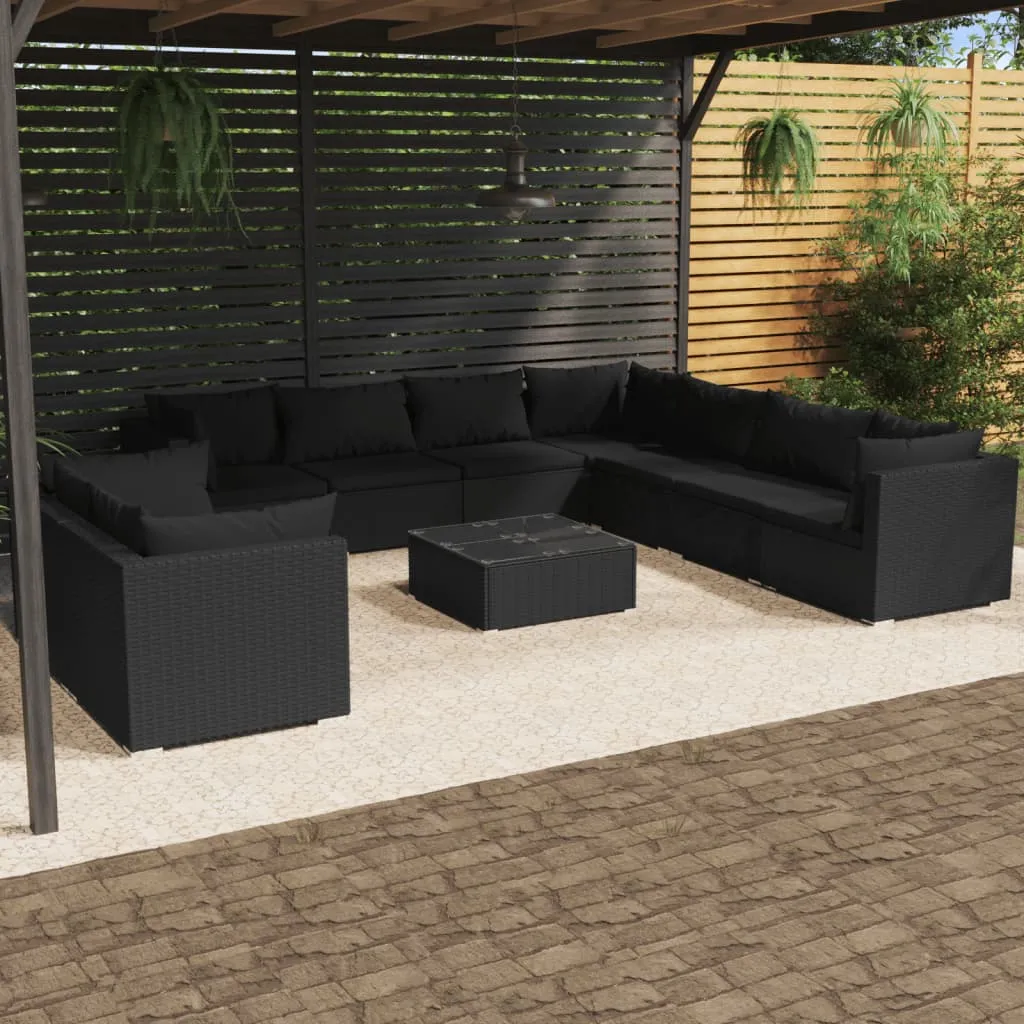 vidaXL Set Salotto da Giardino 10pz con Cuscini in Polyrattan Nero