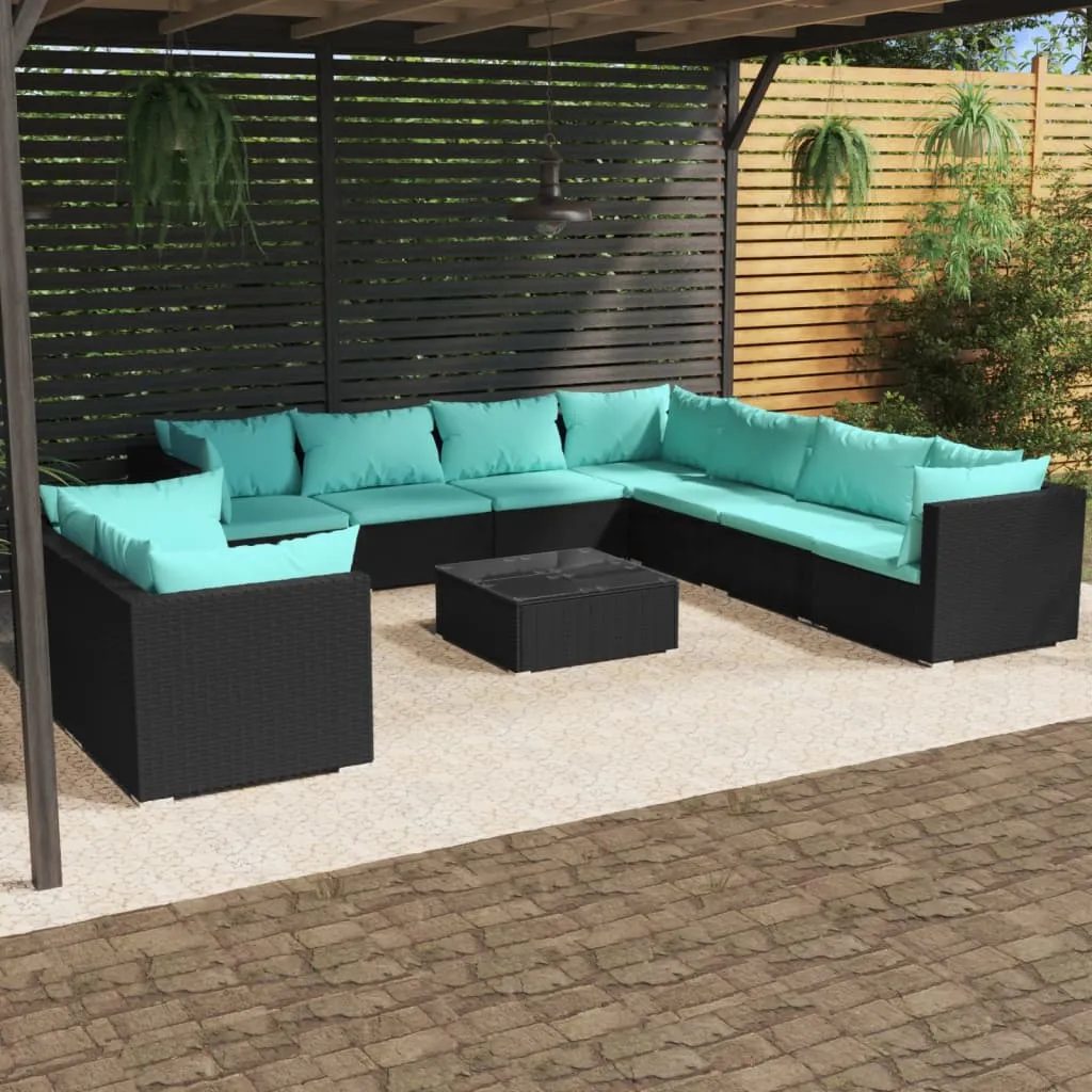 vidaXL Set Salotto da Giardino 10pz con Cuscini in Polyrattan Nero