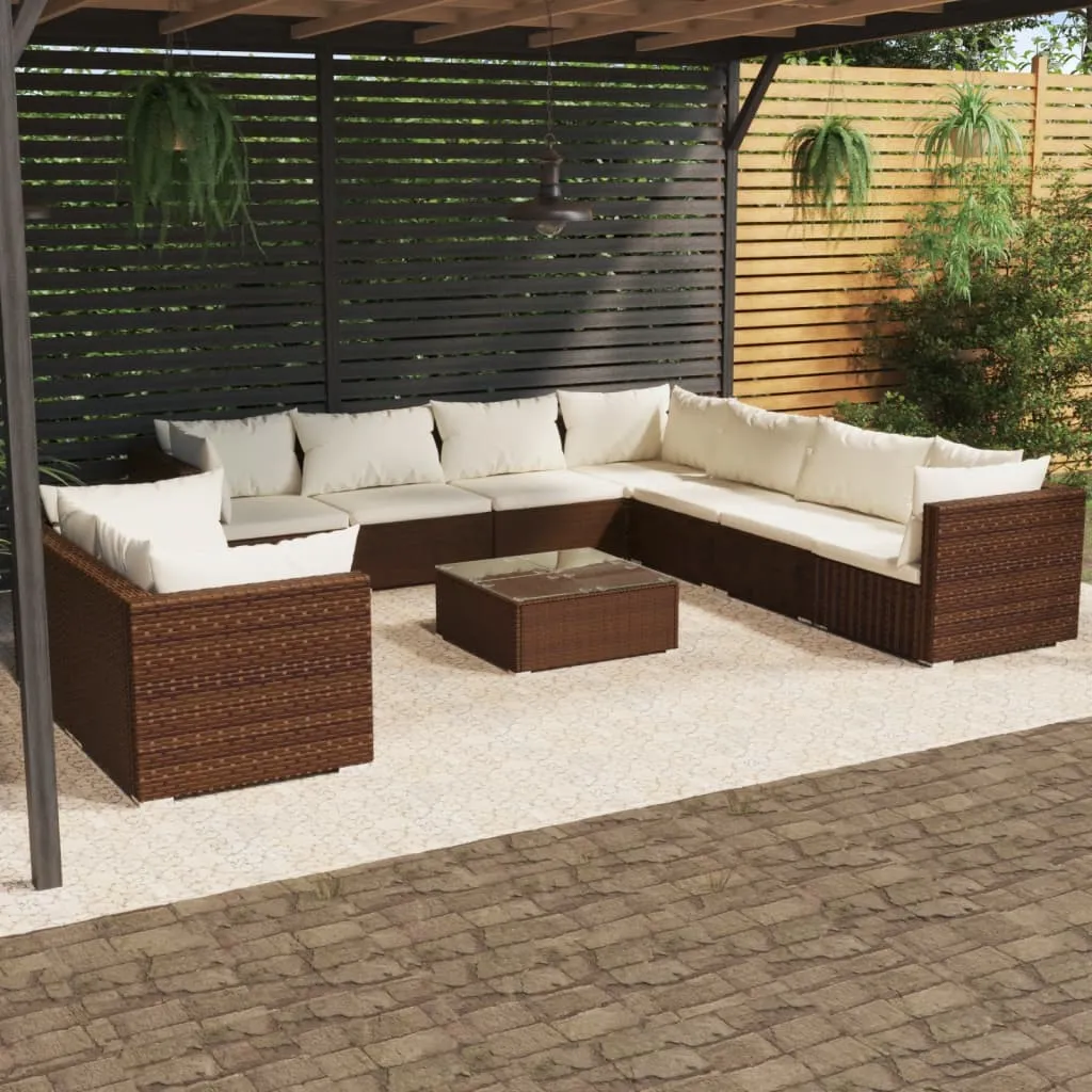 vidaXL Set Divani da Giardino 10 pz con Cuscini in Polyrattan Marrone