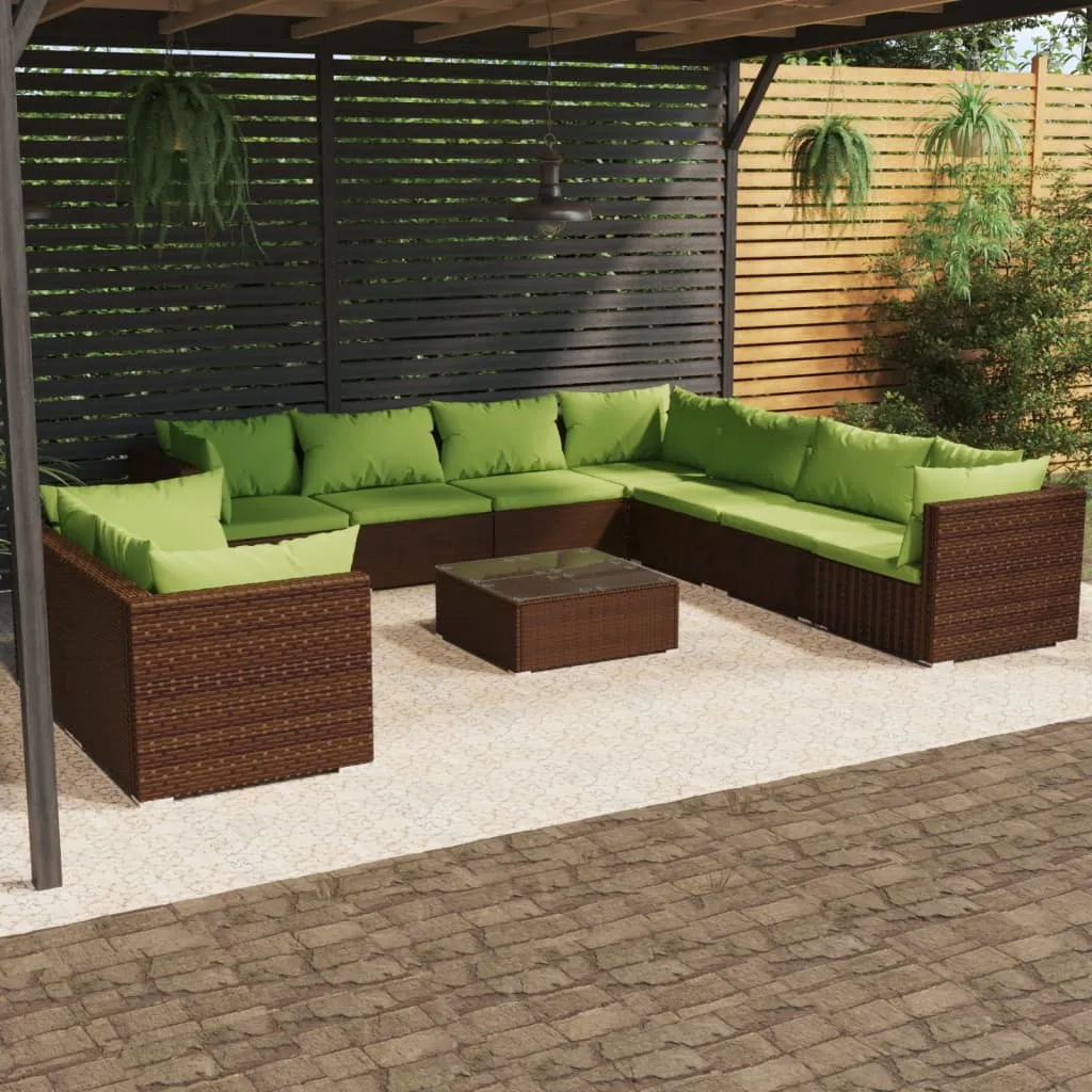 vidaXL Set Divani da Giardino 10 pz con Cuscini in Polyrattan Marrone