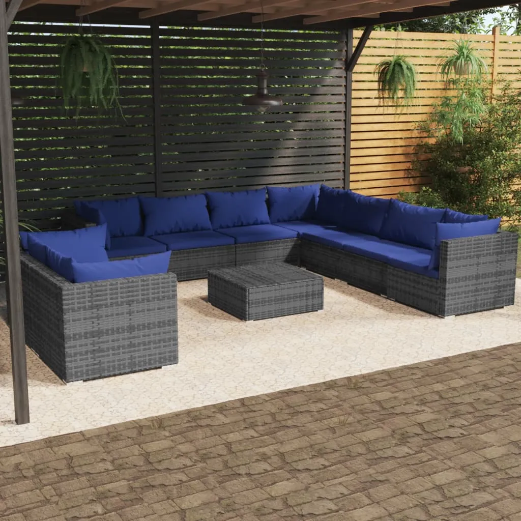 vidaXL Set Divani da Giardino 10 pz con Cuscini in Polyrattan Grigio