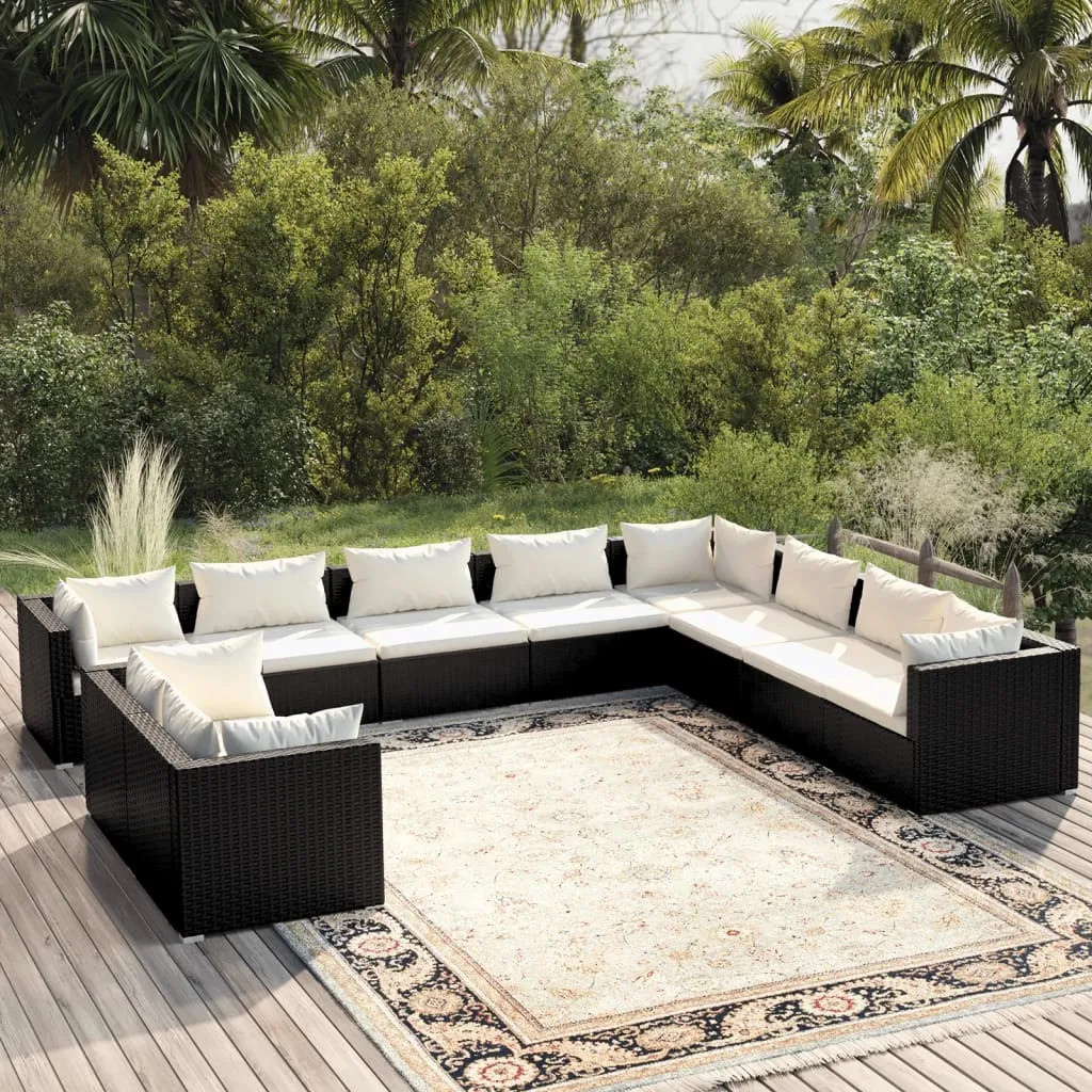 vidaXL Set Salotto da Giardino 10pz con Cuscini in Polyrattan Nero