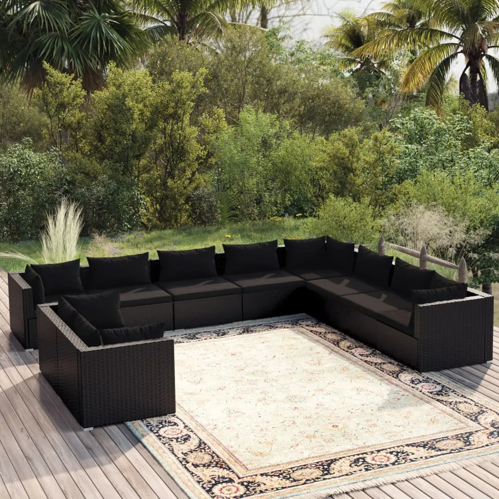 vidaXL Set Salotto da Giardino 10pz con Cuscini in Polyrattan Nero