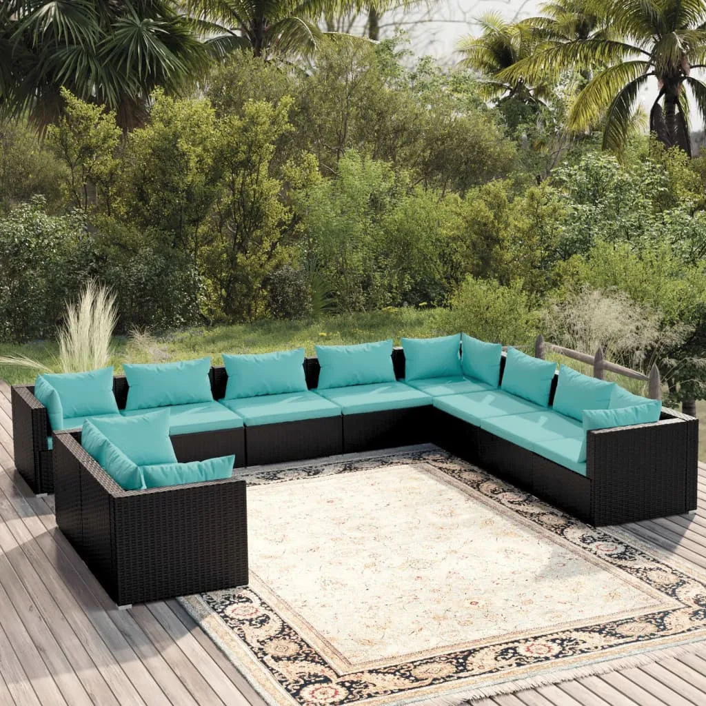 vidaXL Set Salotto da Giardino 10pz con Cuscini in Polyrattan Nero