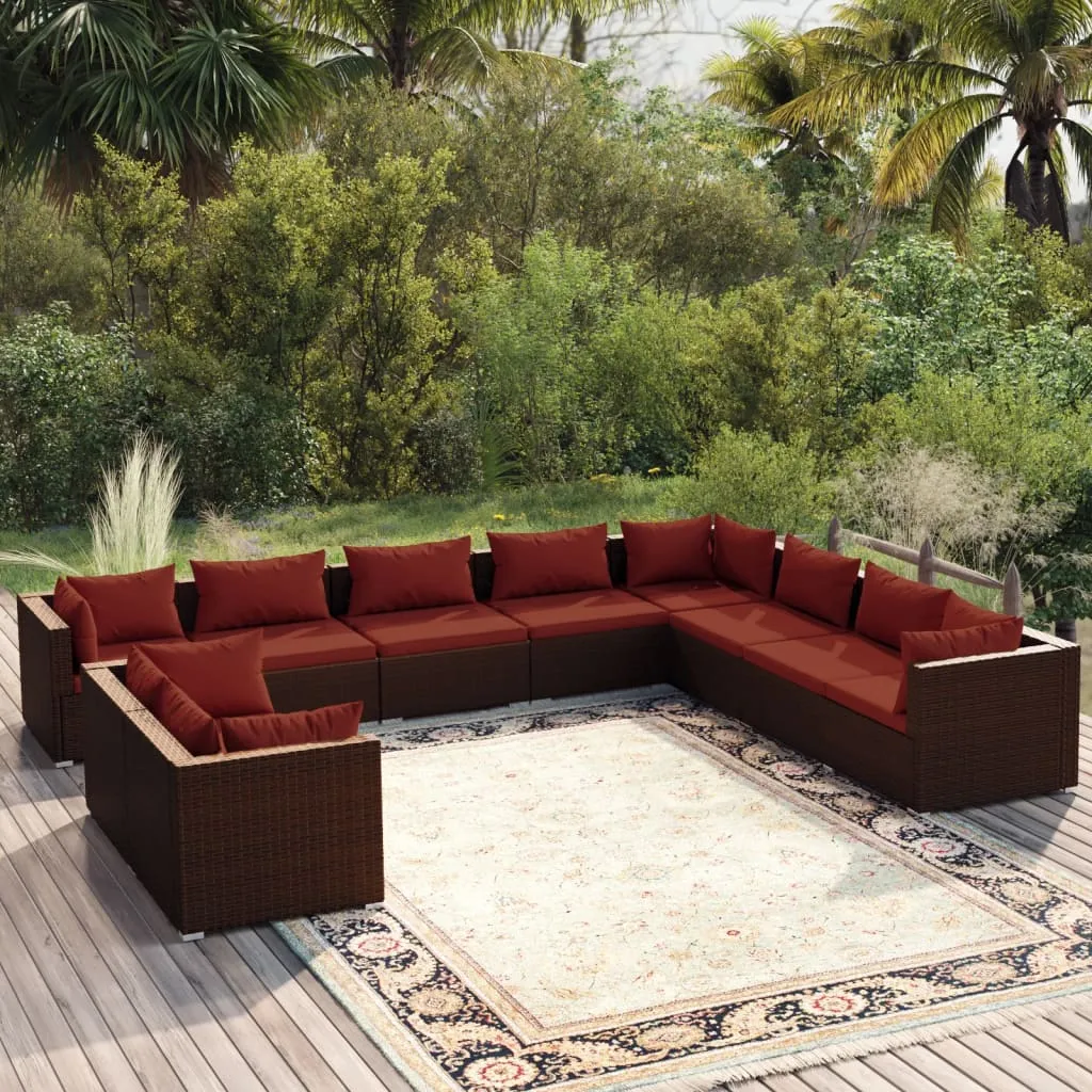 vidaXL Set Divani da Giardino 10 pz con Cuscini in Polyrattan Marrone