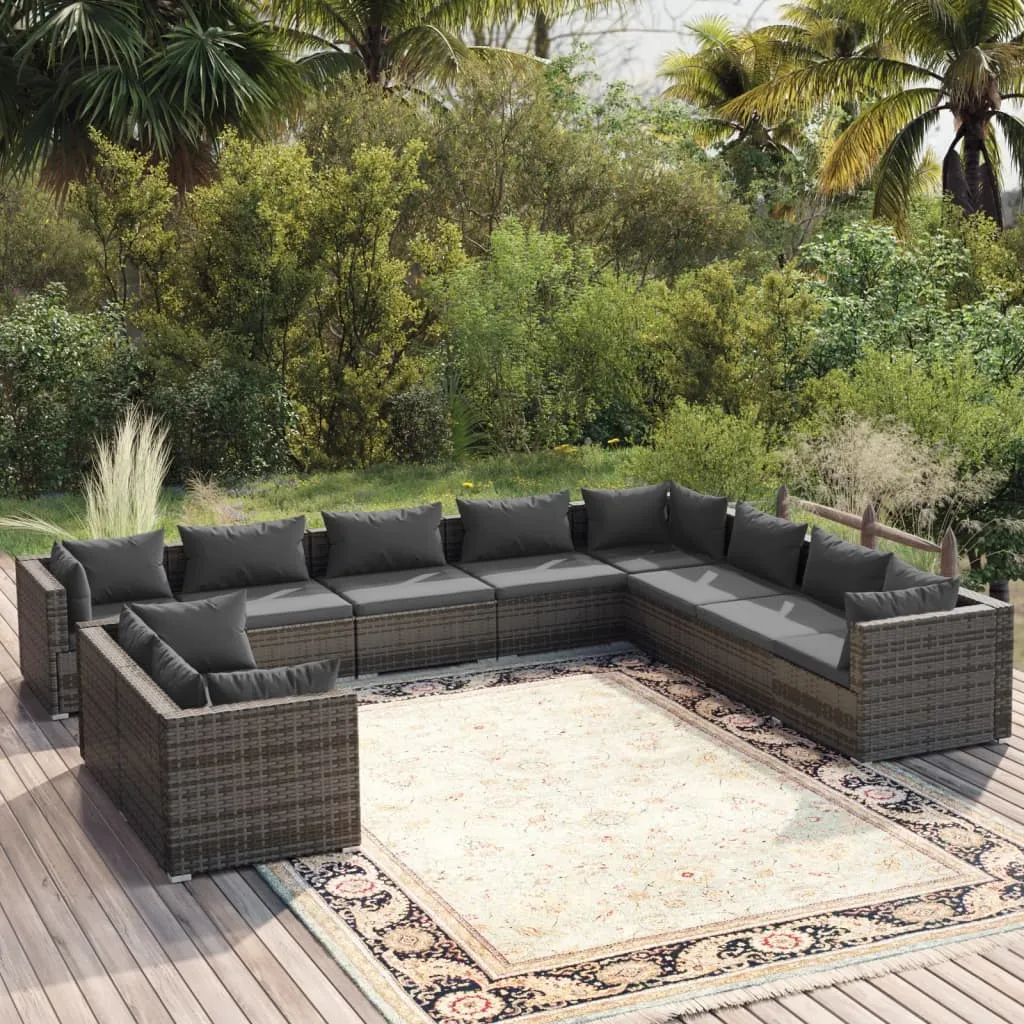 vidaXL Set Divani da Giardino 10 pz con Cuscini in Polyrattan Grigio