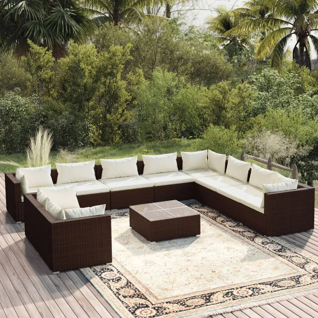 vidaXL Set Divani da Giardino 11 pz con Cuscini in Polyrattan Marrone