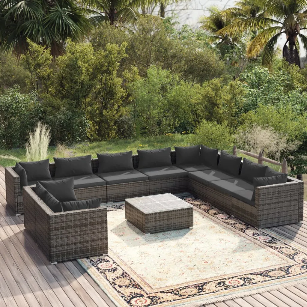 vidaXL Set Divani da Giardino 11 pz con Cuscini in Polyrattan Grigio