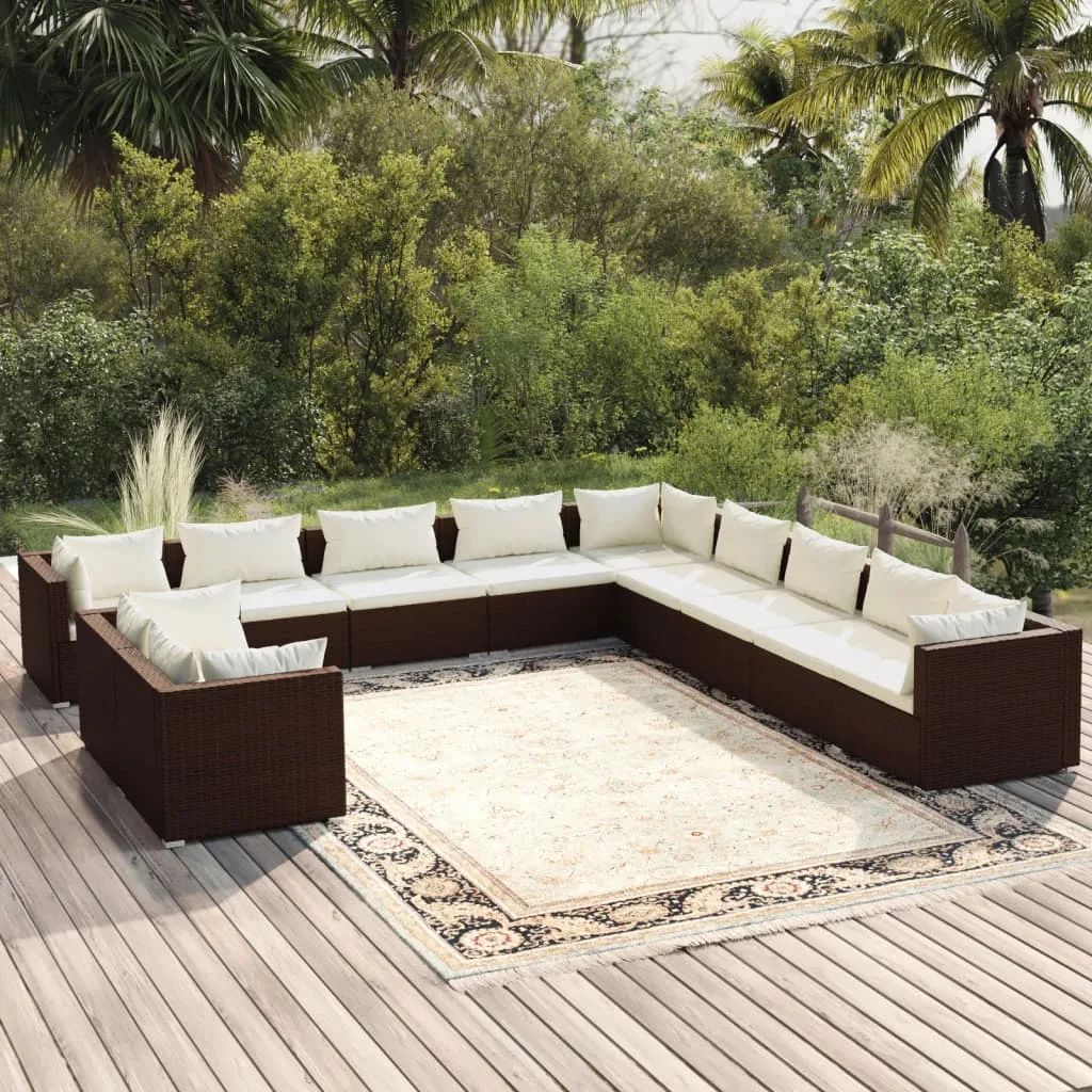 vidaXL Set Divani da Giardino 11 pz con Cuscini in Polyrattan Marrone