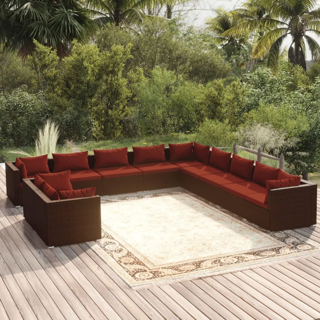 vidaXL Set Divani da Giardino 11 pz con Cuscini in Polyrattan Marrone