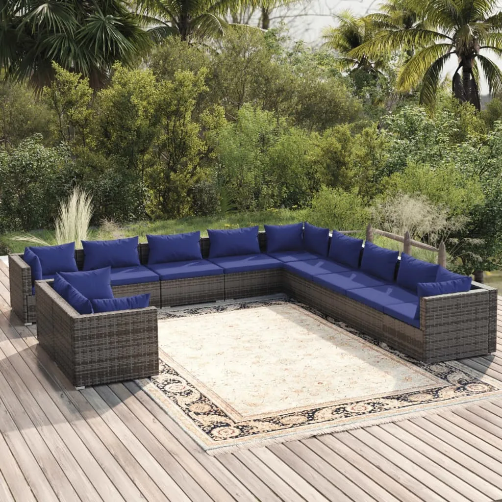 vidaXL Set Divani da Giardino 11 pz con Cuscini in Polyrattan Grigio