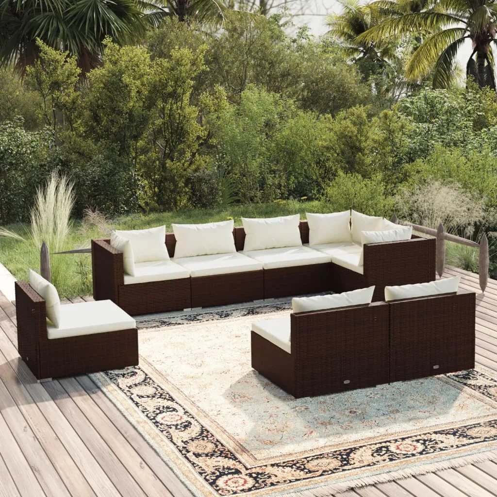 vidaXL Set Divani da Giardino 8 pz con Cuscini in Polyrattan Marrone