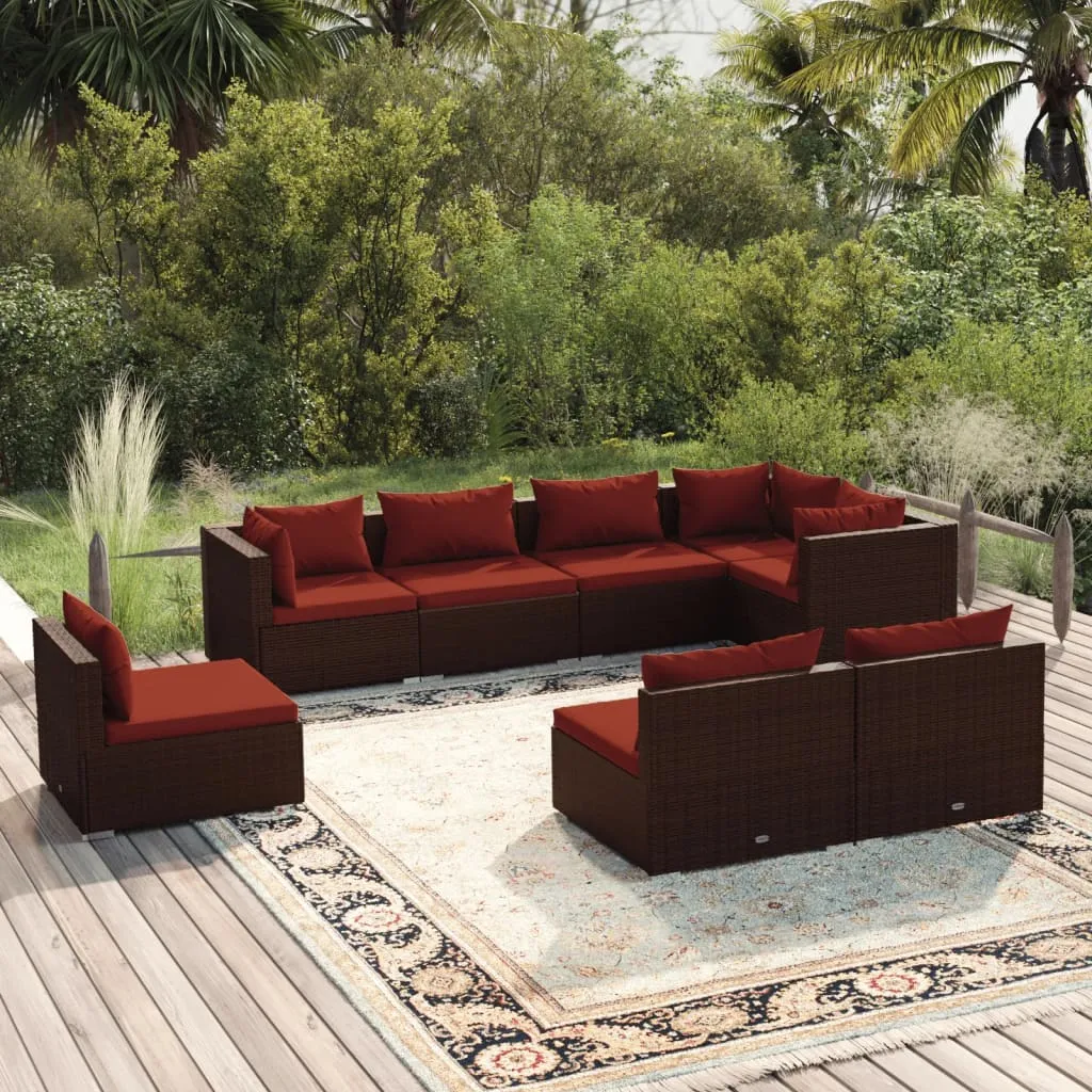 vidaXL Set Divani da Giardino 8 pz con Cuscini in Polyrattan Marrone