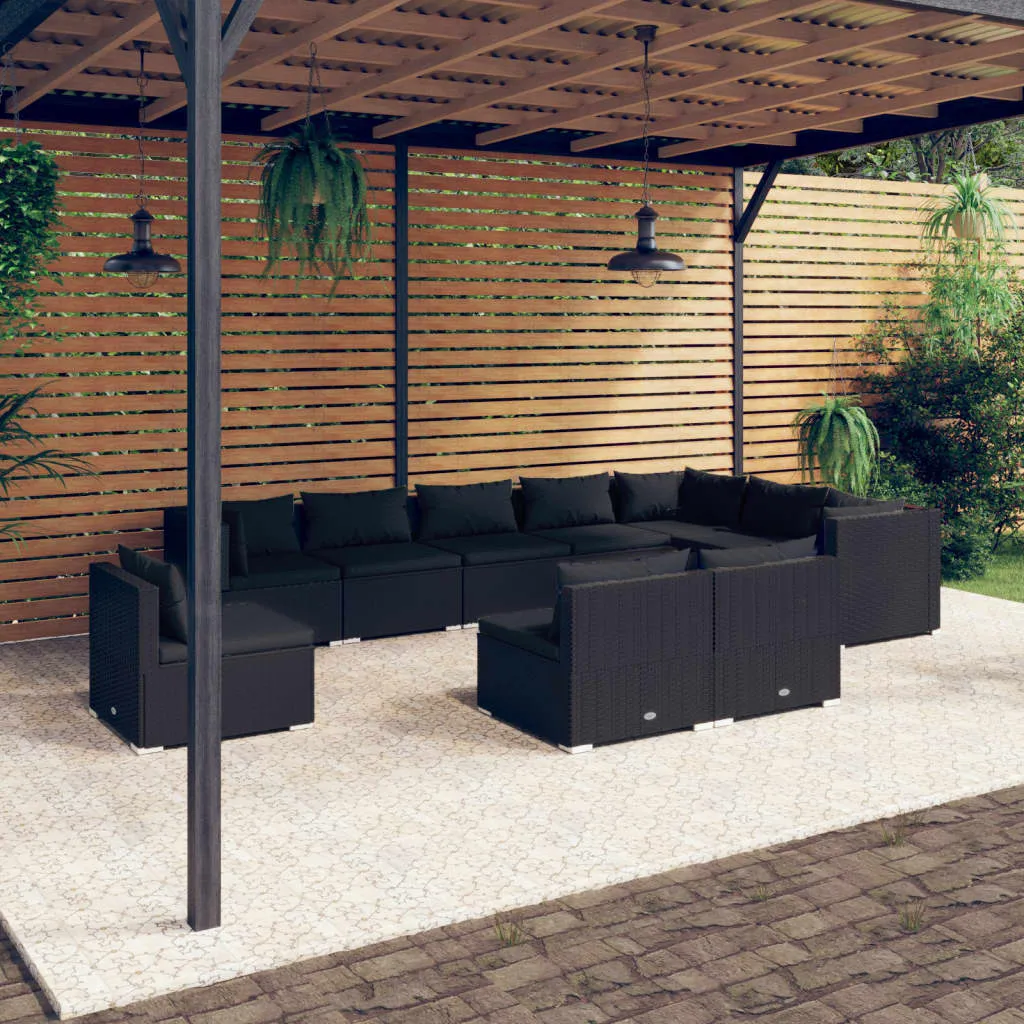 vidaXL Set Divani da Giardino 10 pz con Cuscini in Polyrattan Nero