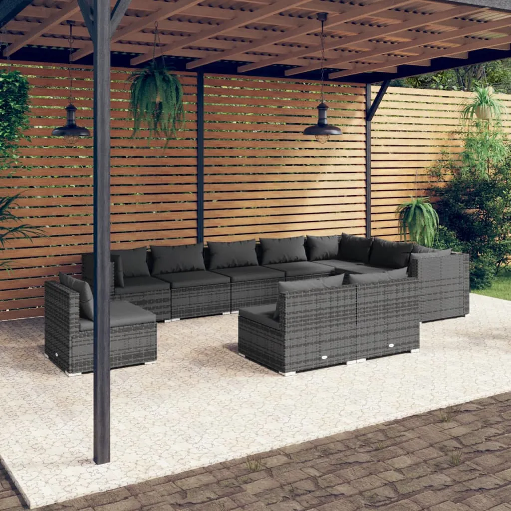 vidaXL Set Divani da Giardino 10 pz con Cuscini in Polyrattan Grigio