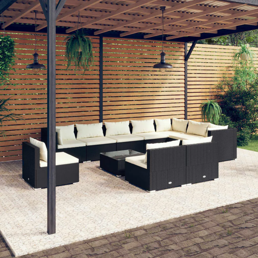 vidaXL Set Divani da Giardino 11 pz con Cuscini in Polyrattan Nero