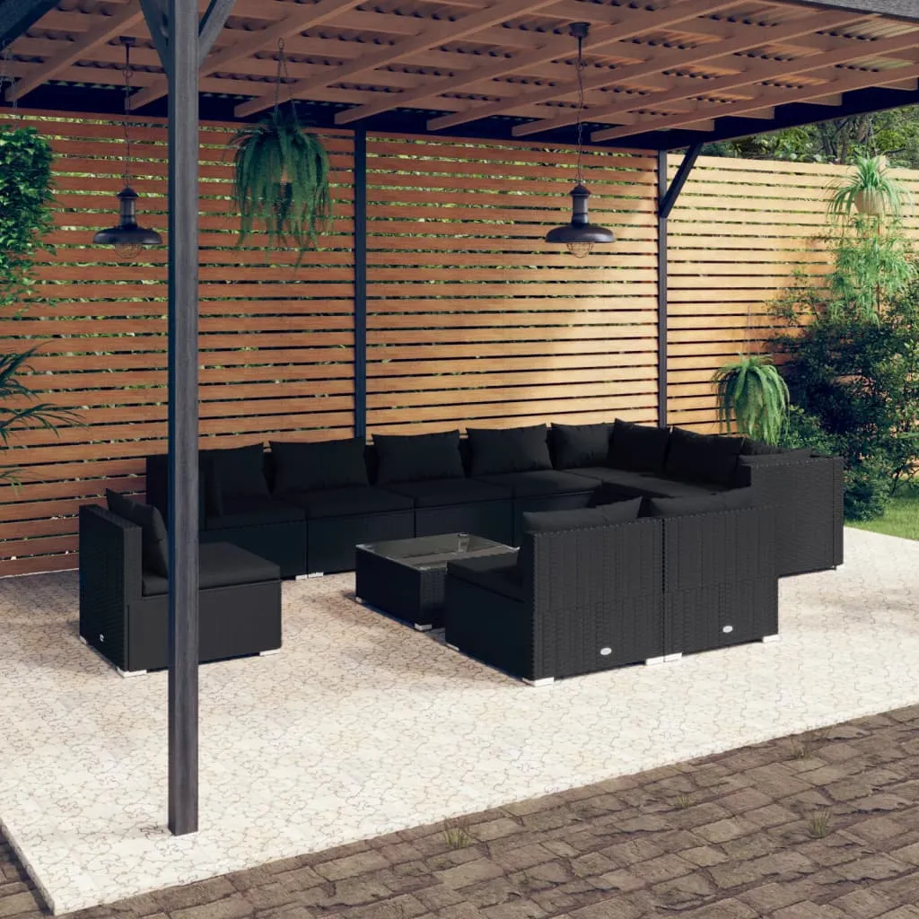 vidaXL Set Divani da Giardino 11 pz con Cuscini in Polyrattan Nero