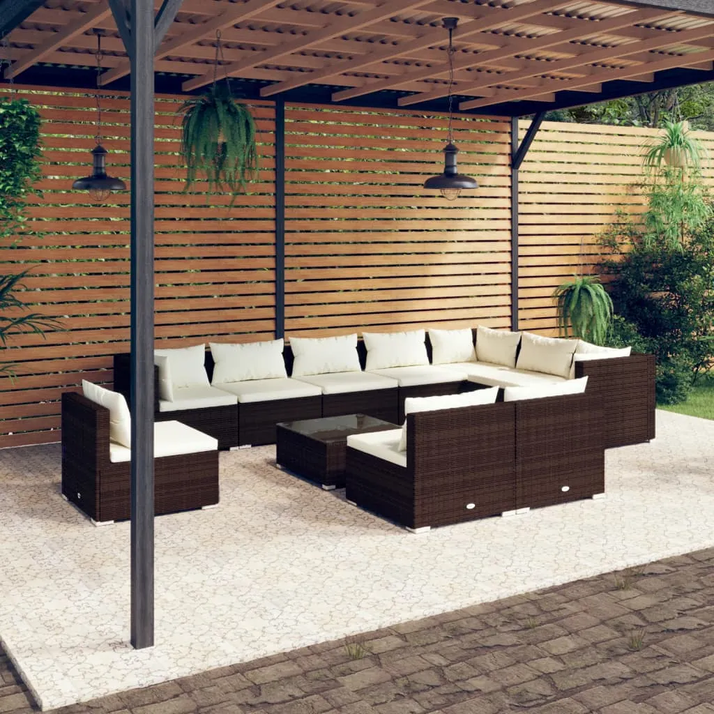 vidaXL Set Divani da Giardino 11 pz con Cuscini in Polyrattan Marrone